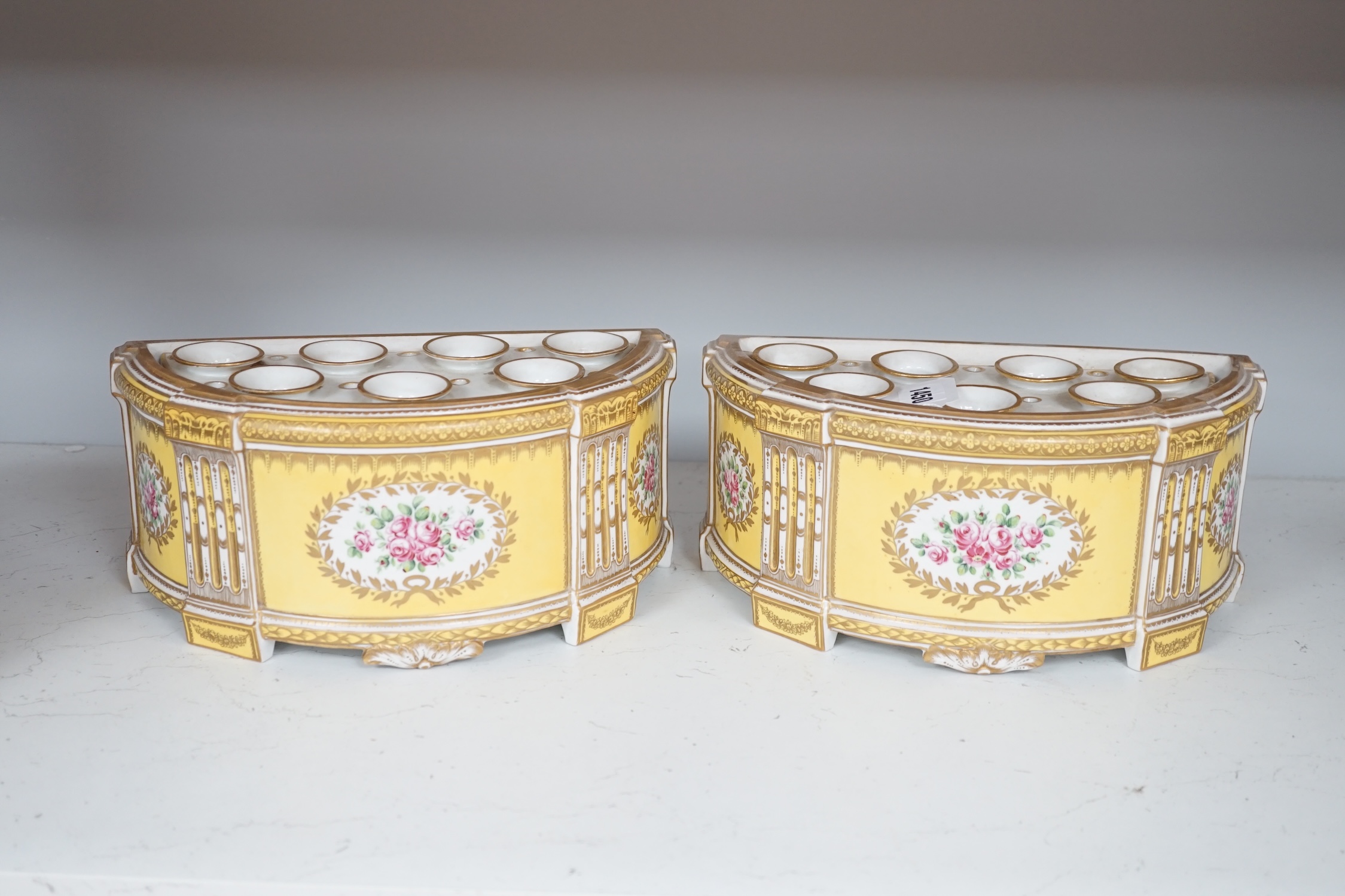 A pair of Dresden style yellow ground bough pots, 30cm wide. Condition - fair to good.